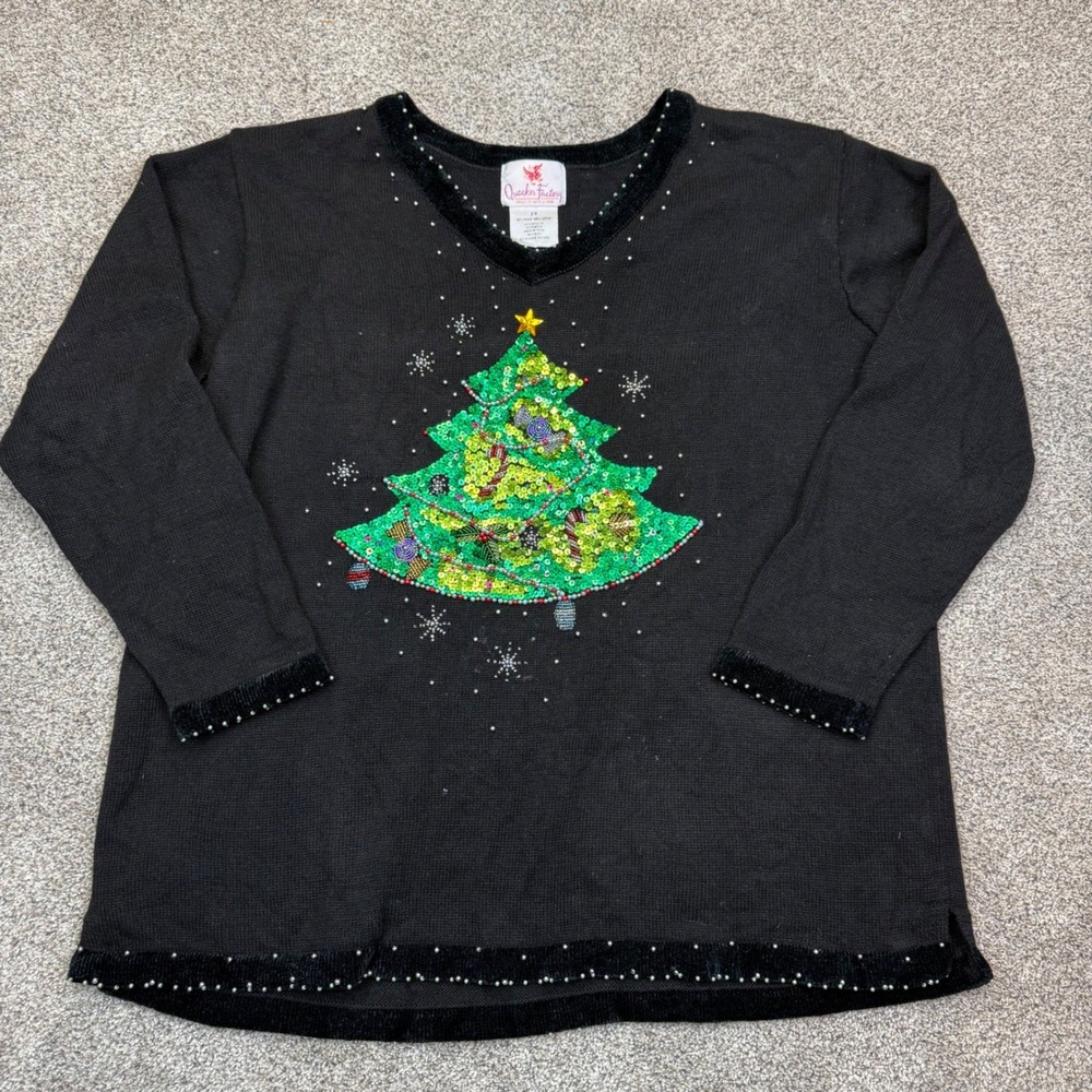 VTG Quacker Factory Christmas Tree Sequin Beaded Velvet‎ Trim Sweater Black 2X
